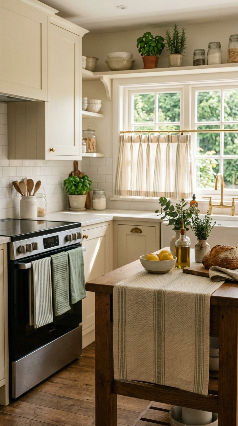013 A fresh kitchen layered with sage green textiles f