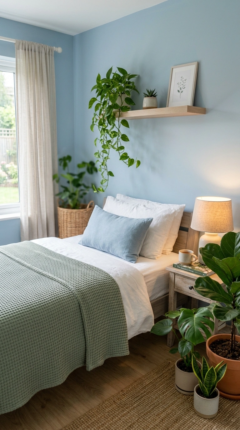 013 A nature inspired bedroom with pale blue walls and