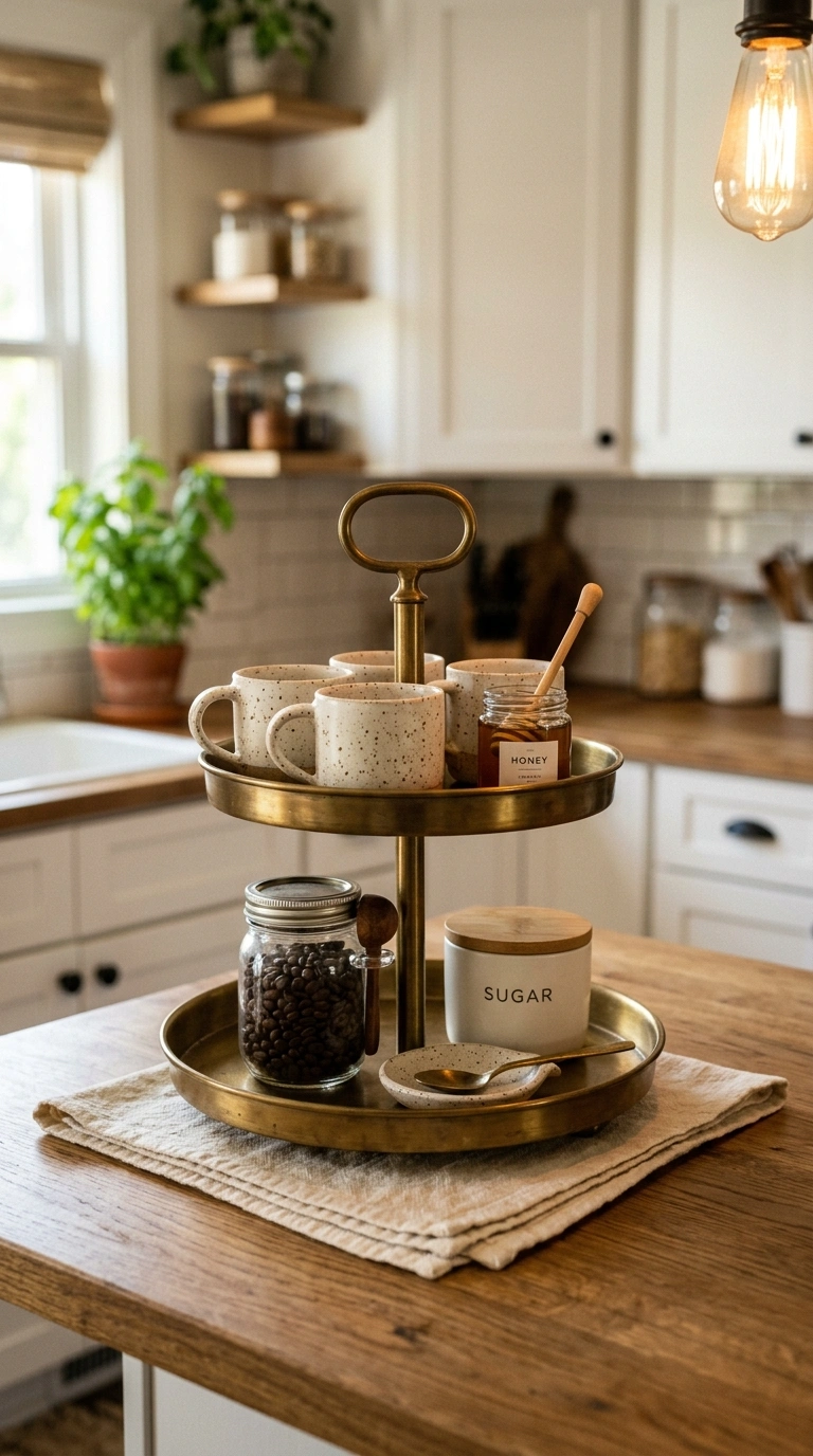 013 A round two tier brass tray stand on a kitchen cou