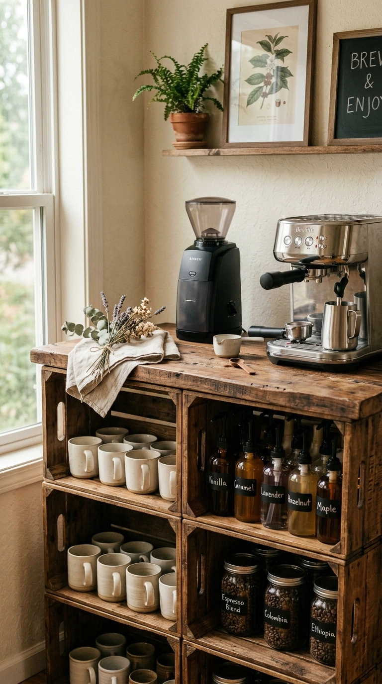 013 A rustic coffee bar made of stacked walnut stained