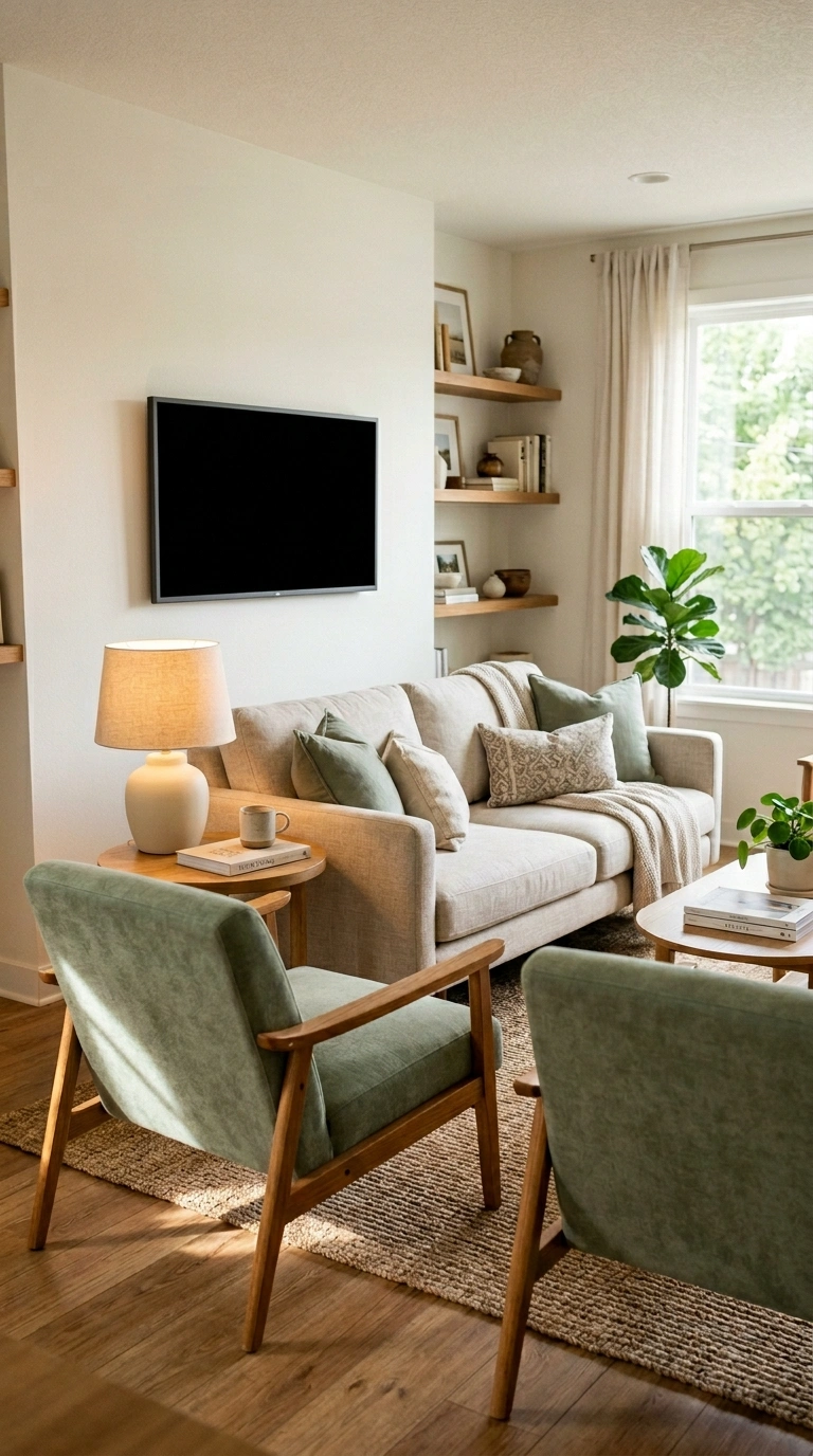 013 A small living room with two slim armchairs with e