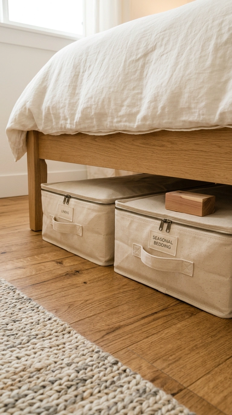 013 A tidy peek under a light oak bed frame revealing