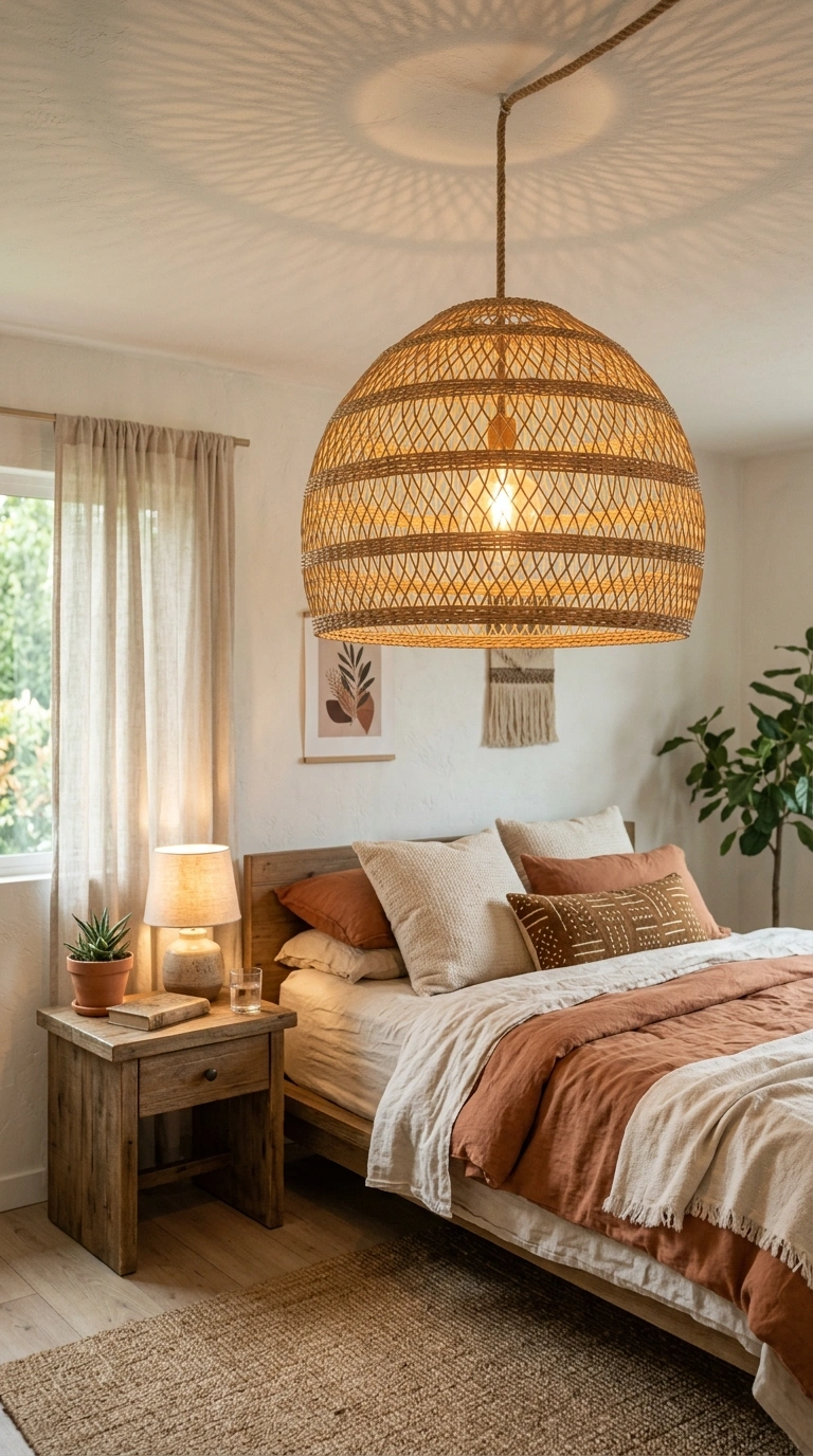 013 A warm boho luxe bedroom with an oversized woven r