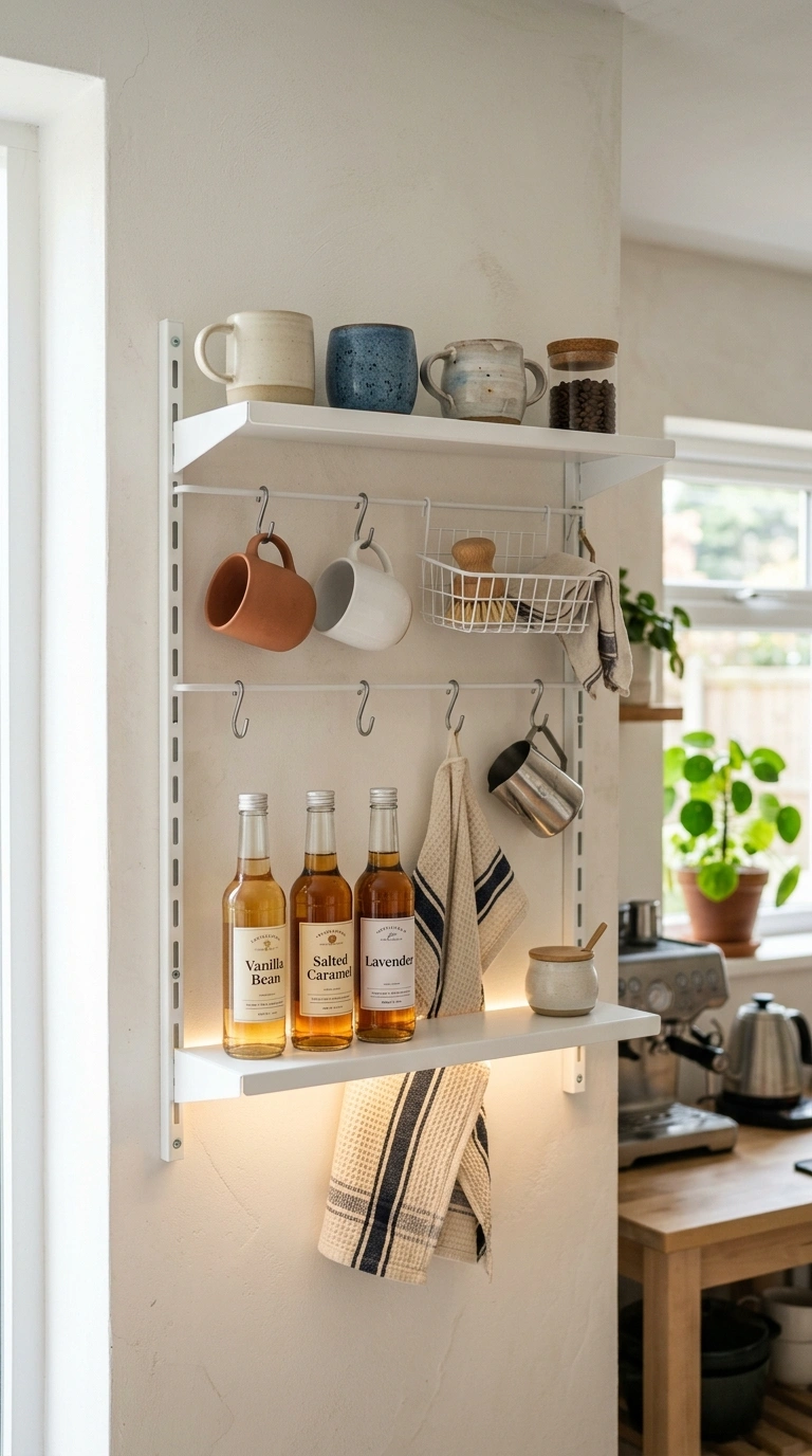 013 A white modular wall shelving system combining a s