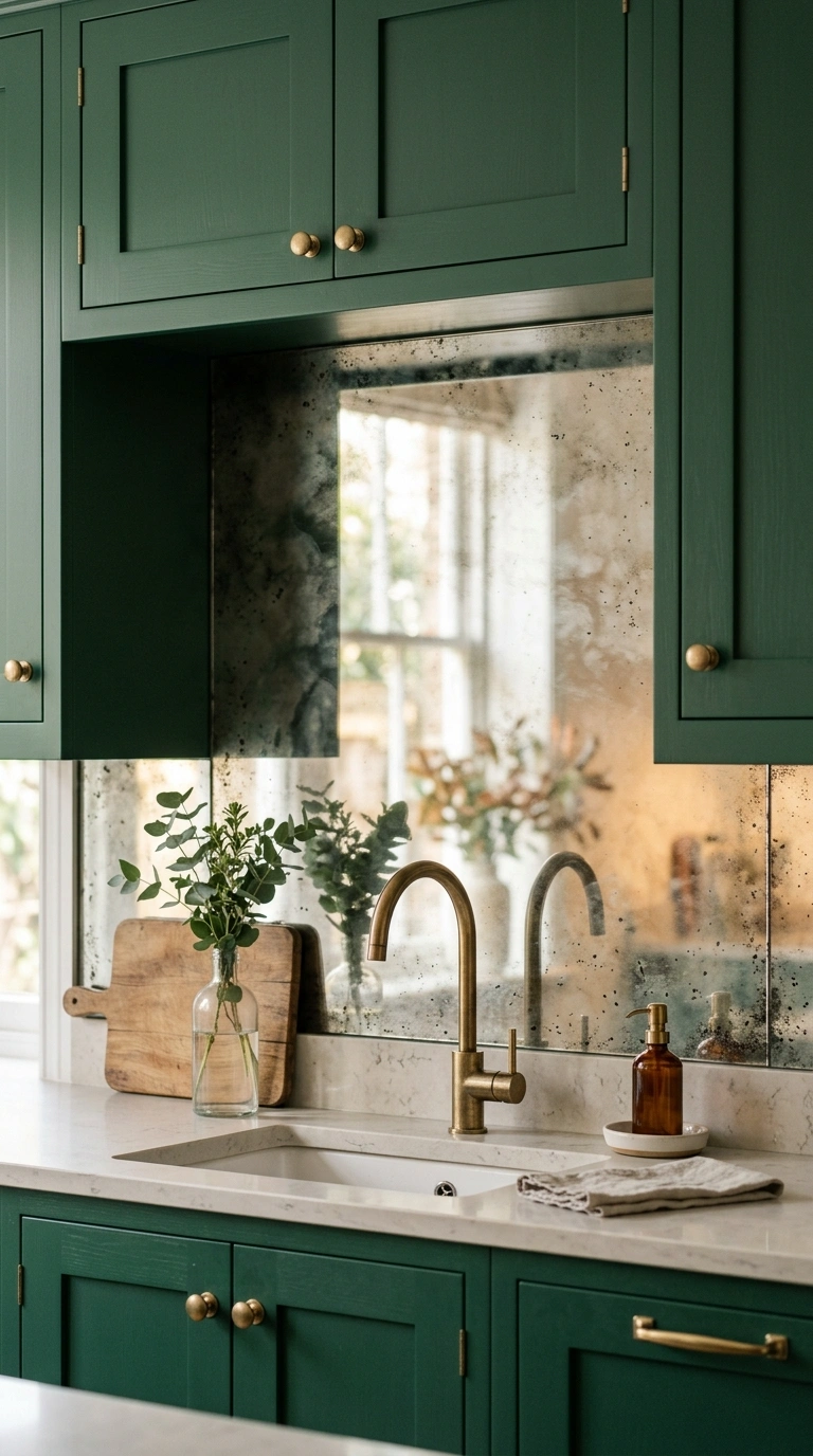 013 An antiqued mirror backsplash with a soft smoky ag