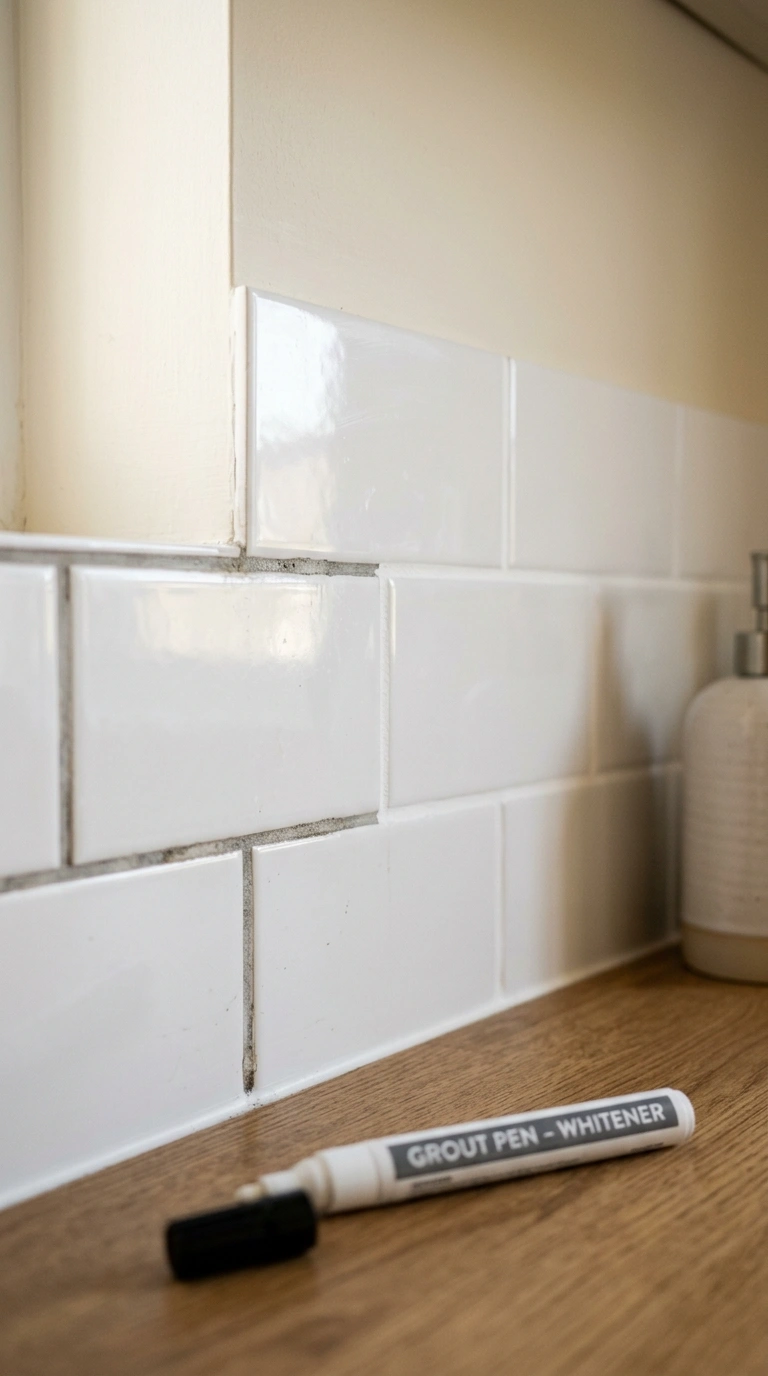 014 A close up of a tiled backsplash with freshly whit