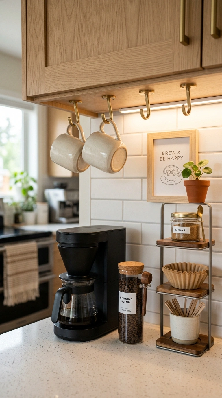 014 A compact under cabinet coffee corner brass hooks