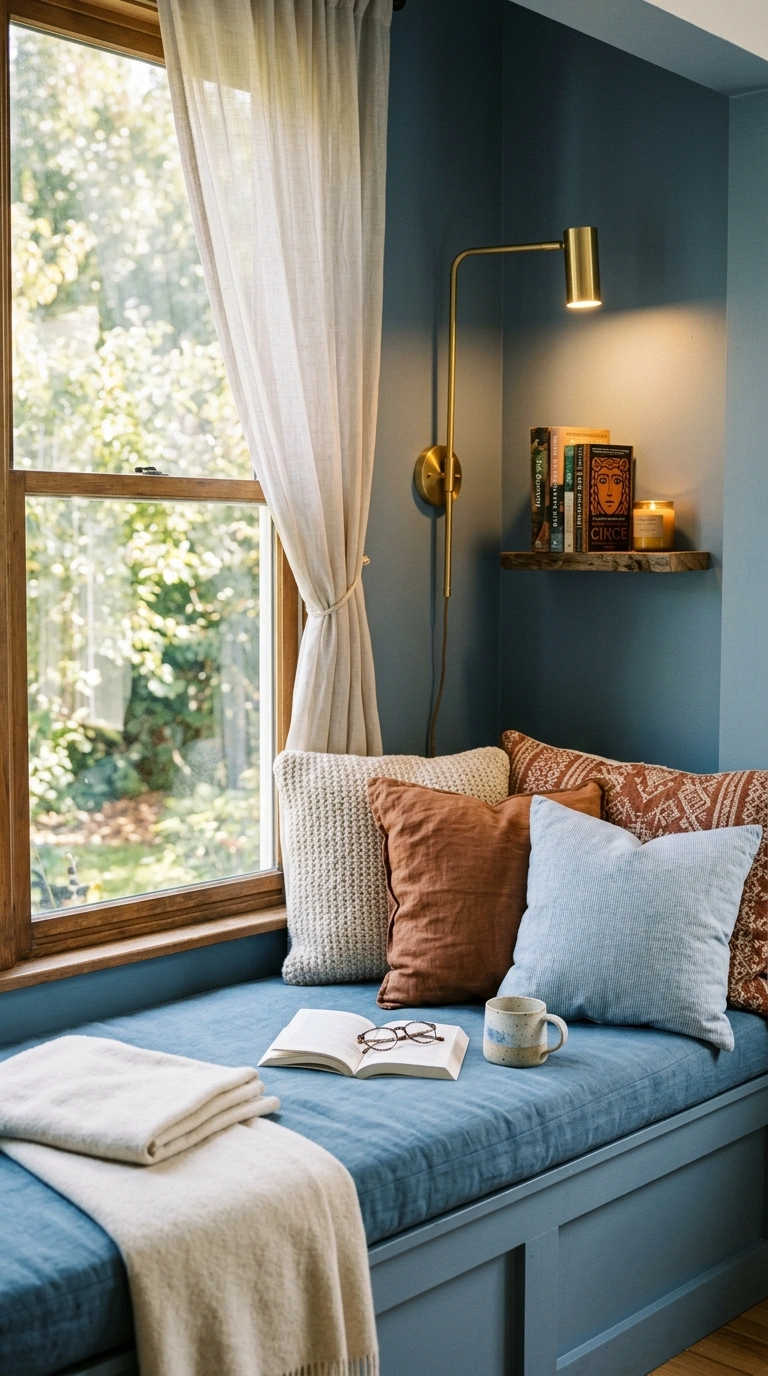 014 A cozy steel blue reading nook beside a window a b