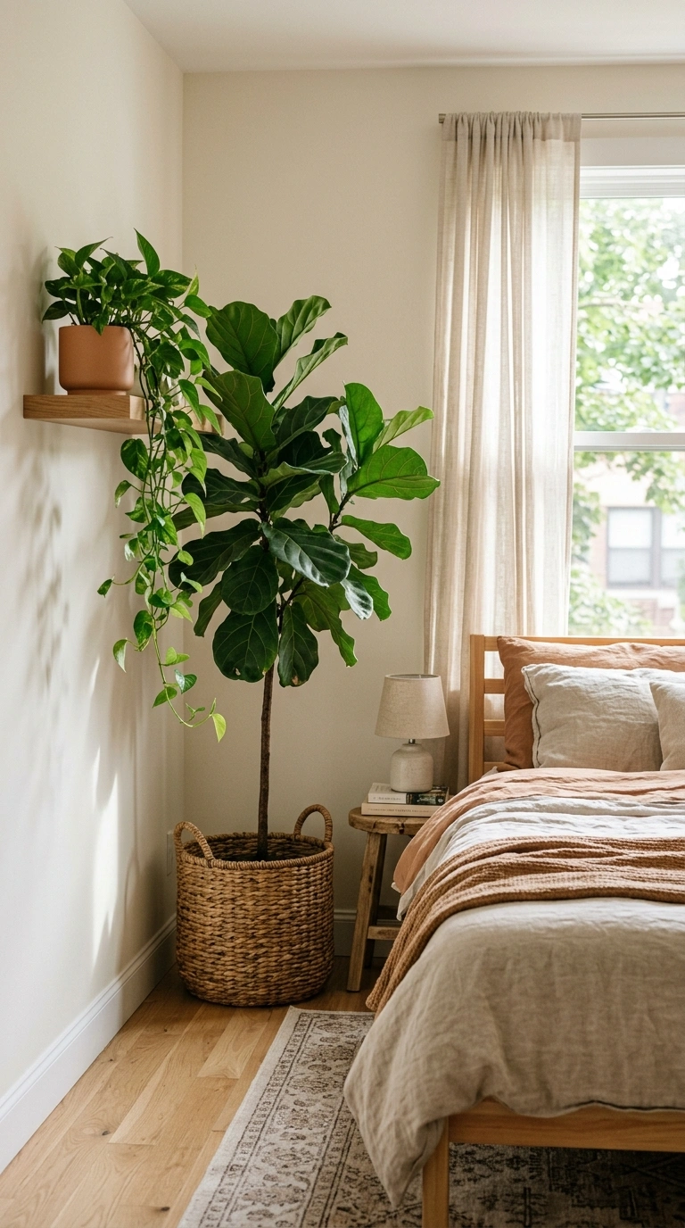 014 A fresh bedroom with a tall leafy plant in a woven