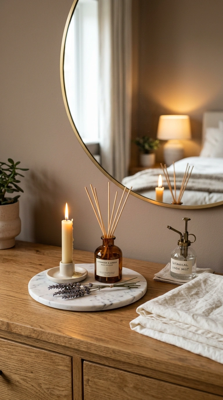 014 A peaceful bedroom dresser scene with a reed diffu