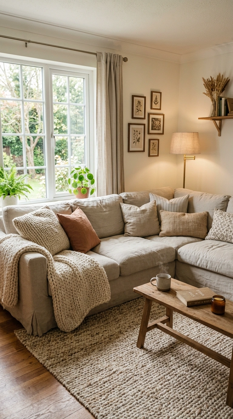014 A relaxed slipcovered sectional in warm oatmeal wi