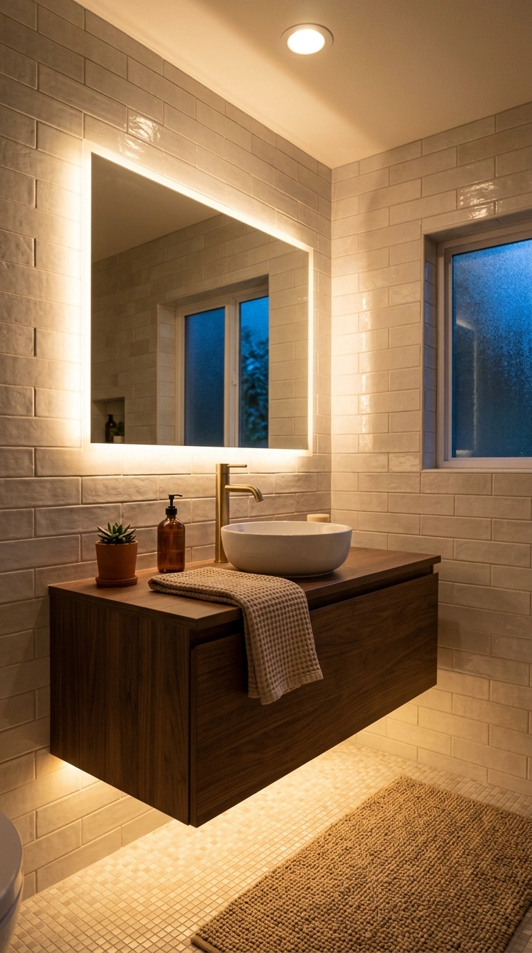 014 A small bathroom showing three layers of warm ligh