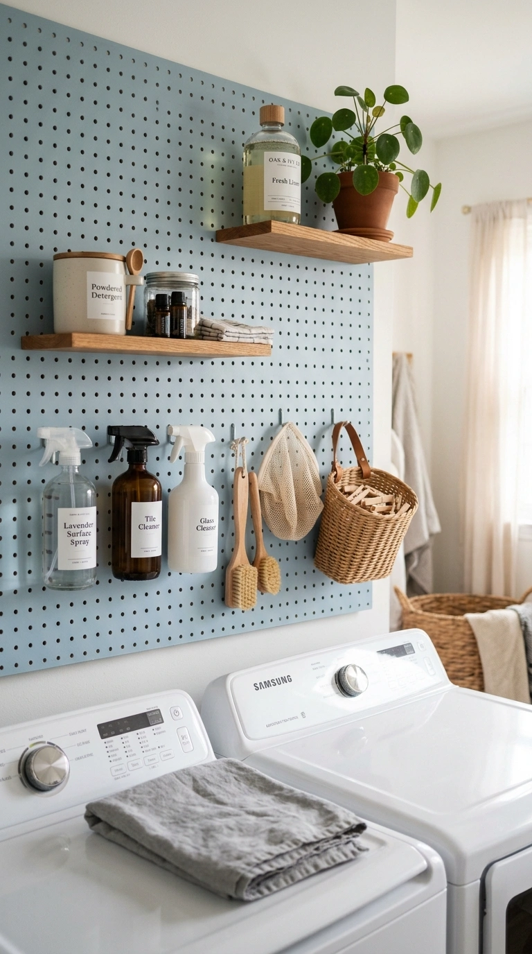 014 A small laundry room with a soft blue pegboard cov