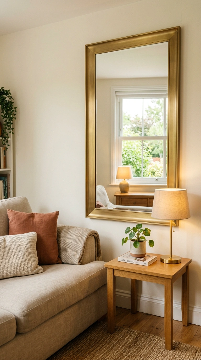 014 A small living room with a large mirror in a warm
