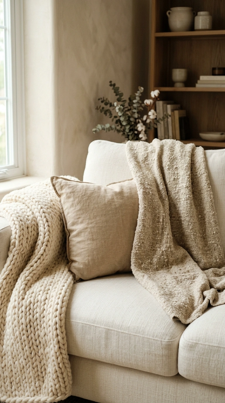 014 A sofa layered with tonal textiles in close shades