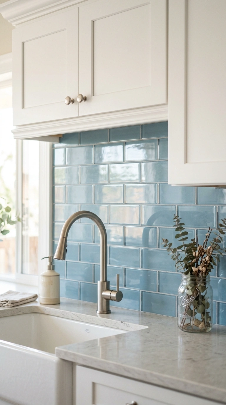 014 A soft dusty blue glass tile backsplash glowing wi