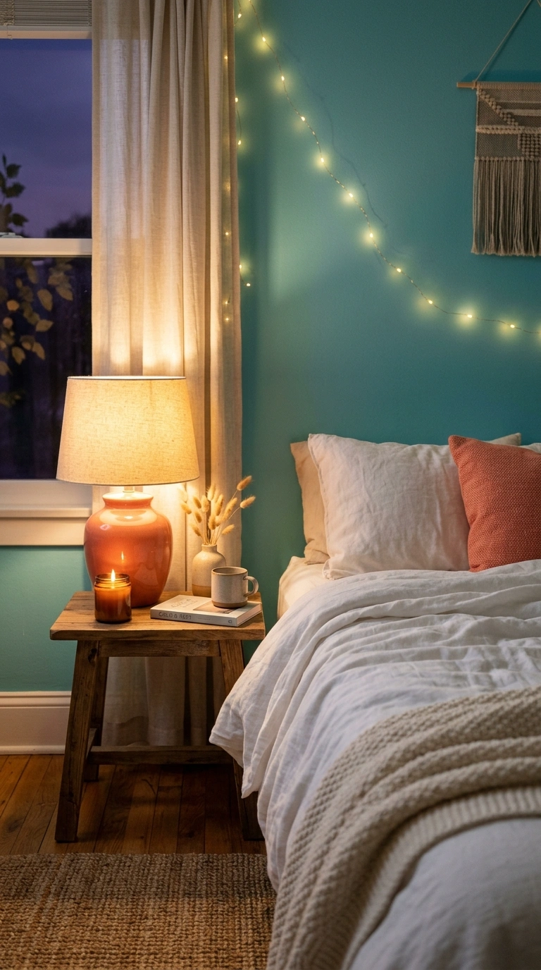 014 A softly lit bedroom at dusk with a coral lamp a s