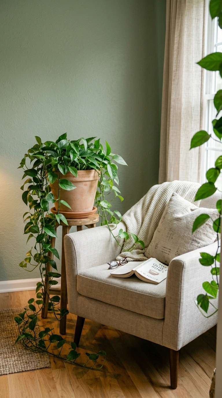 014 A tall trailing pothos in a matte terracotta pot s