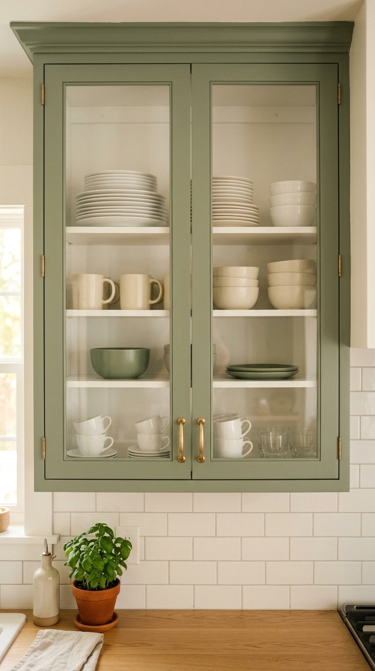014 Sage green glass front upper cabinets with brass k