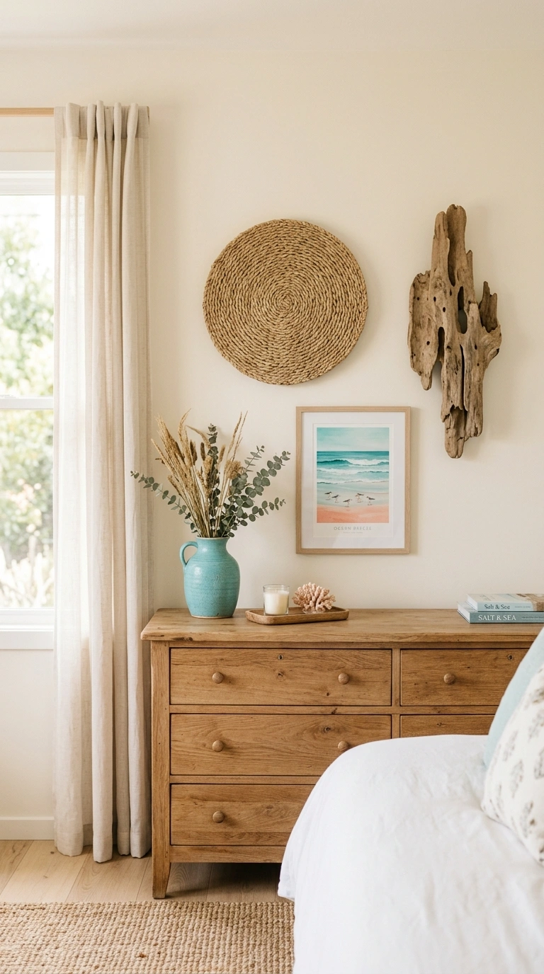 015 A bedroom wall with coastal decor a woven seagrass