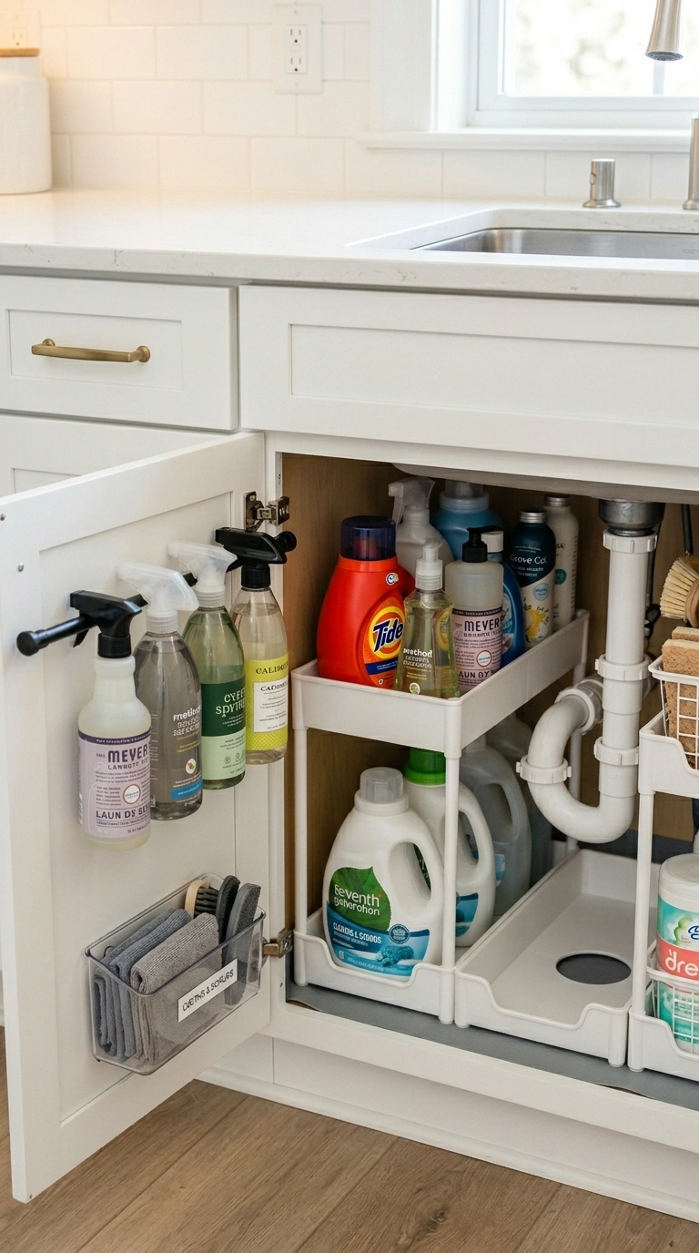 015 A laundry sink cabinet open to reveal U shaped tie