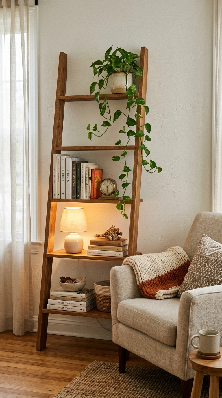 015 A leaning warm oak ladder shelf beside a corner ch