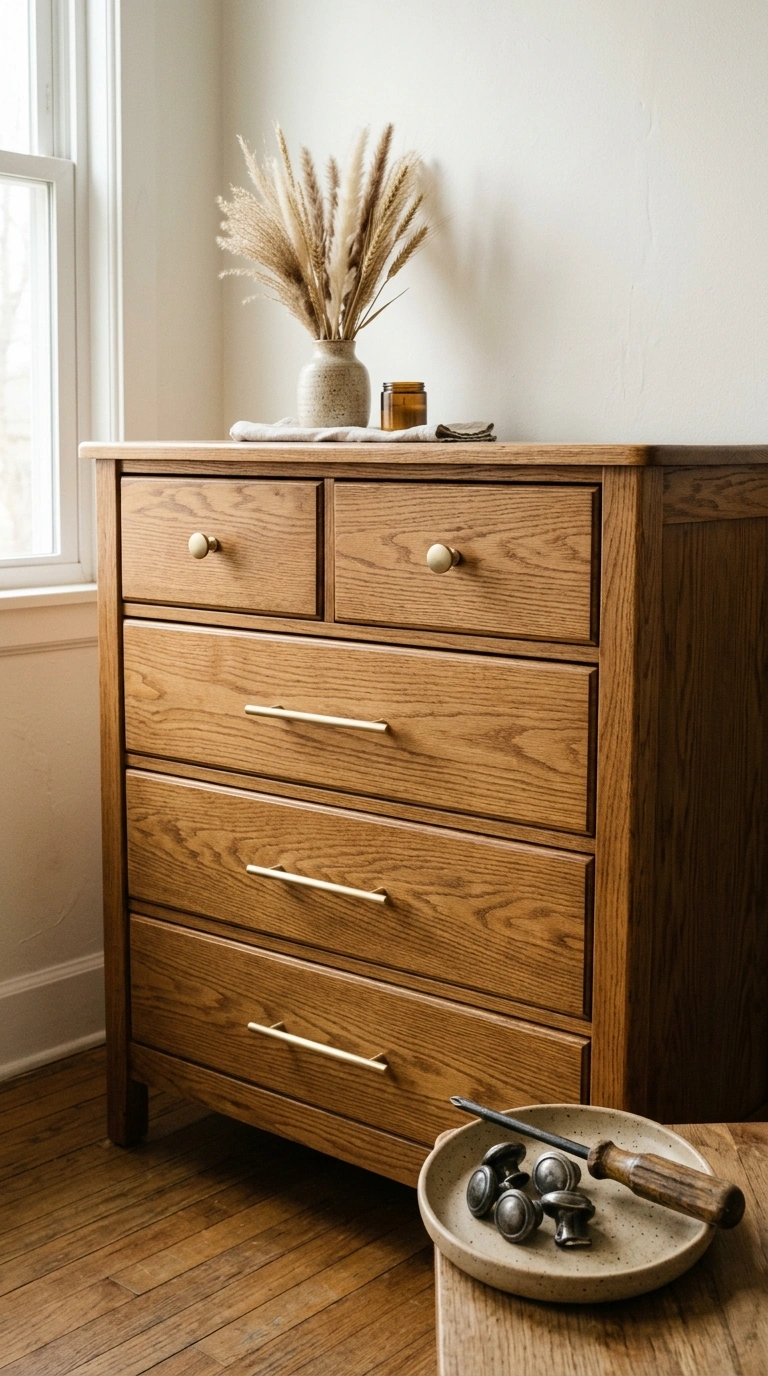 015 A refreshed vintage oak dresser with new brushed b