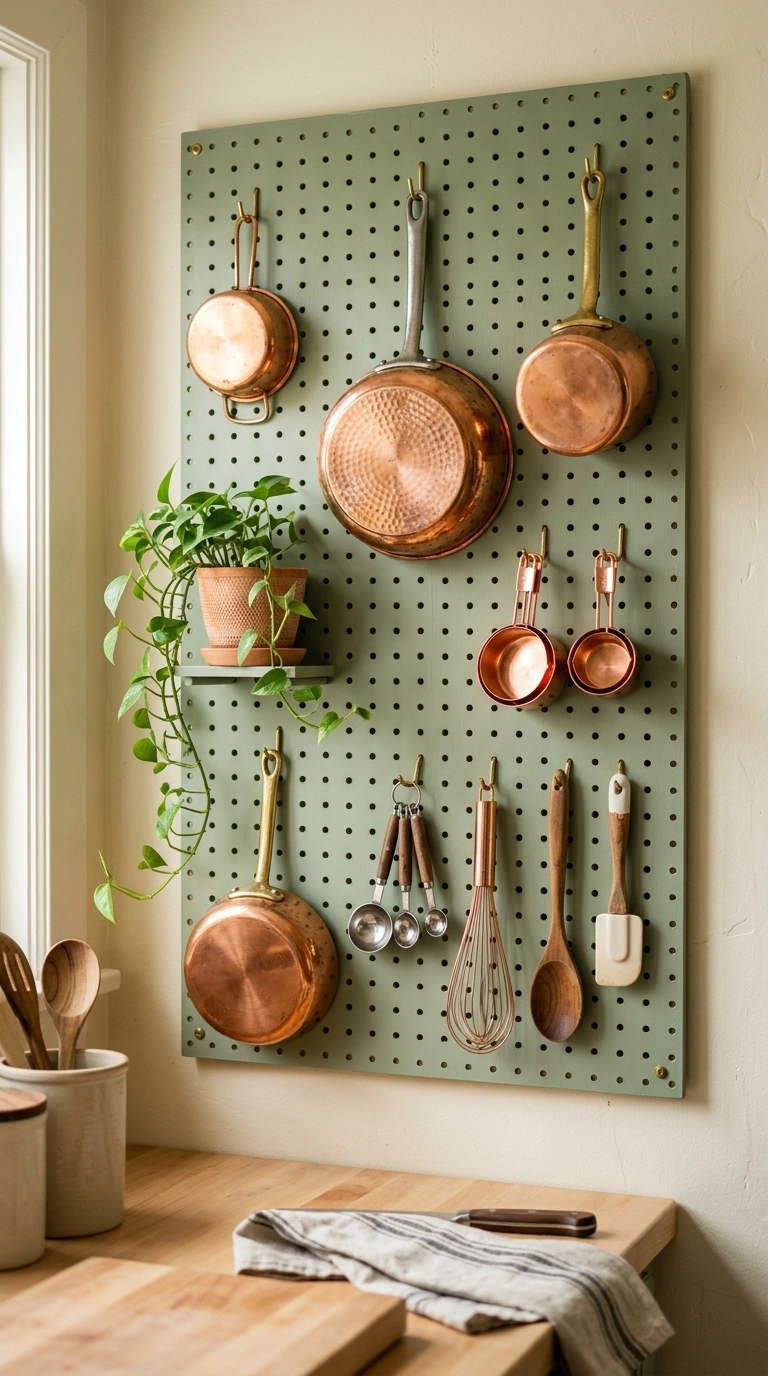 015 A sage green painted pegboard on a small kitchen w