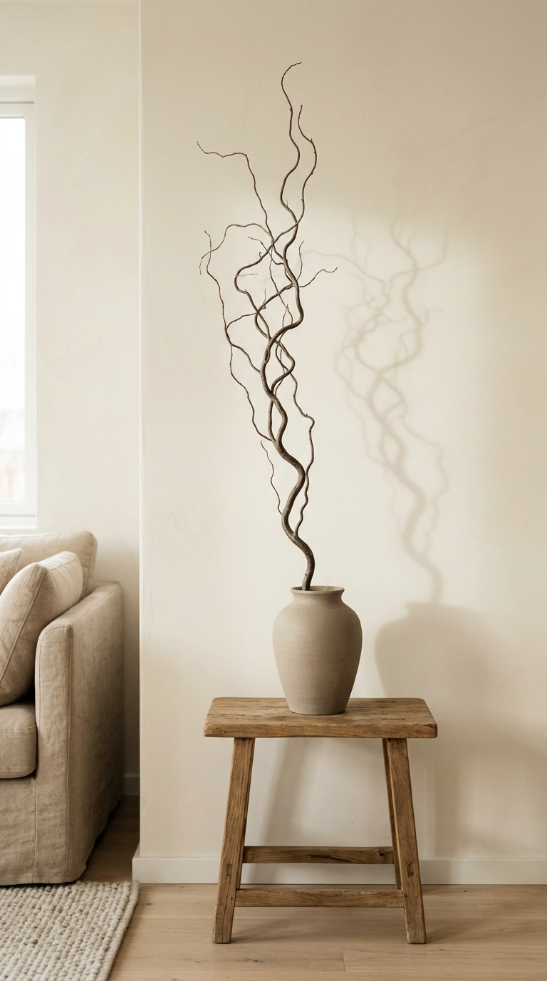 015 A single tall bare branch of twisted willow in a m