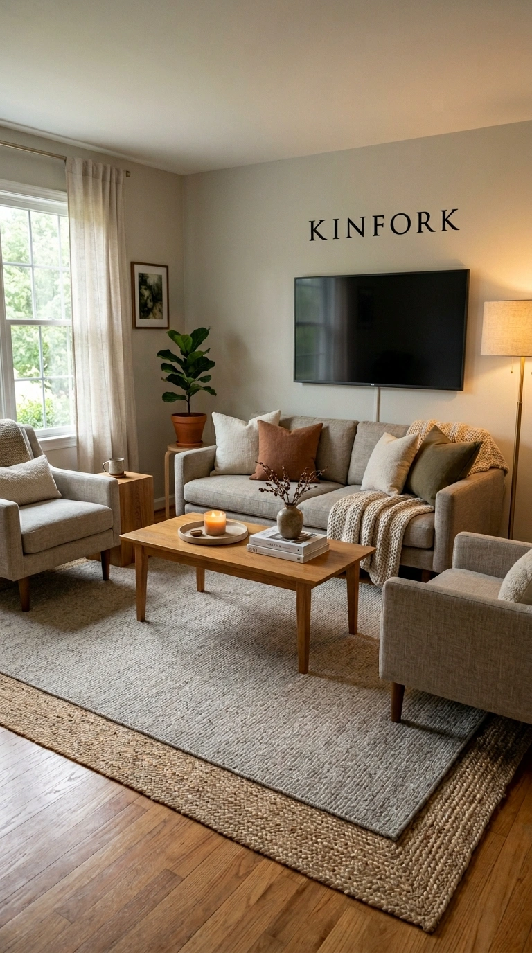 015 A small living room with a low pile area rug in wa