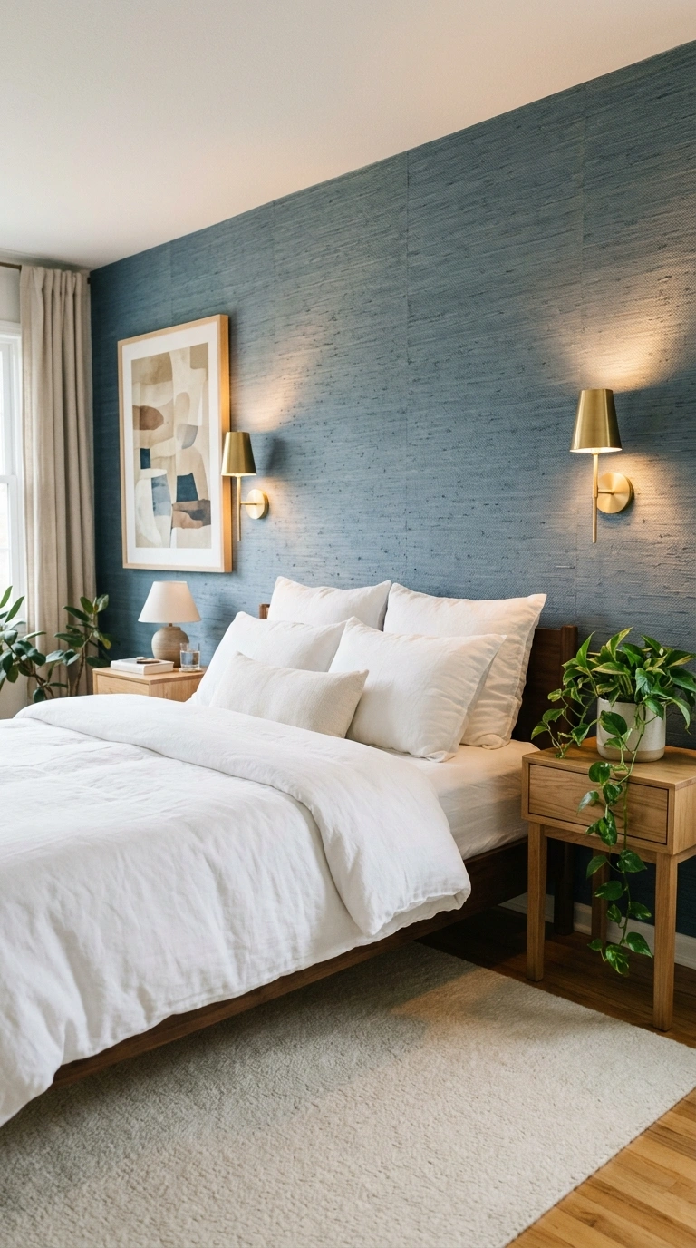 015 A textured bedroom with muted denim blue grassclot