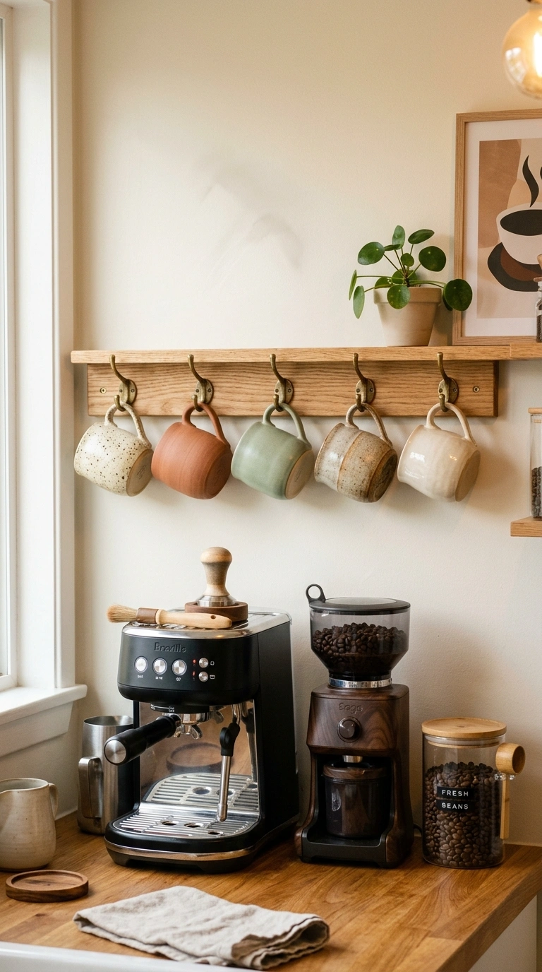 015 A warm oak mug rail with brass hooks mounted above