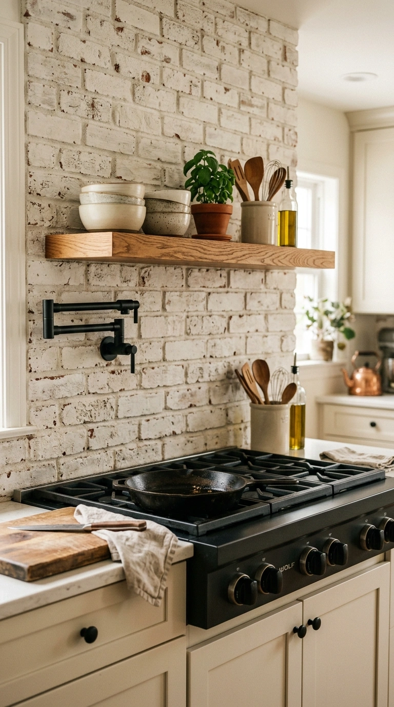 015 A whitewashed exposed brick veneer backsplash behi