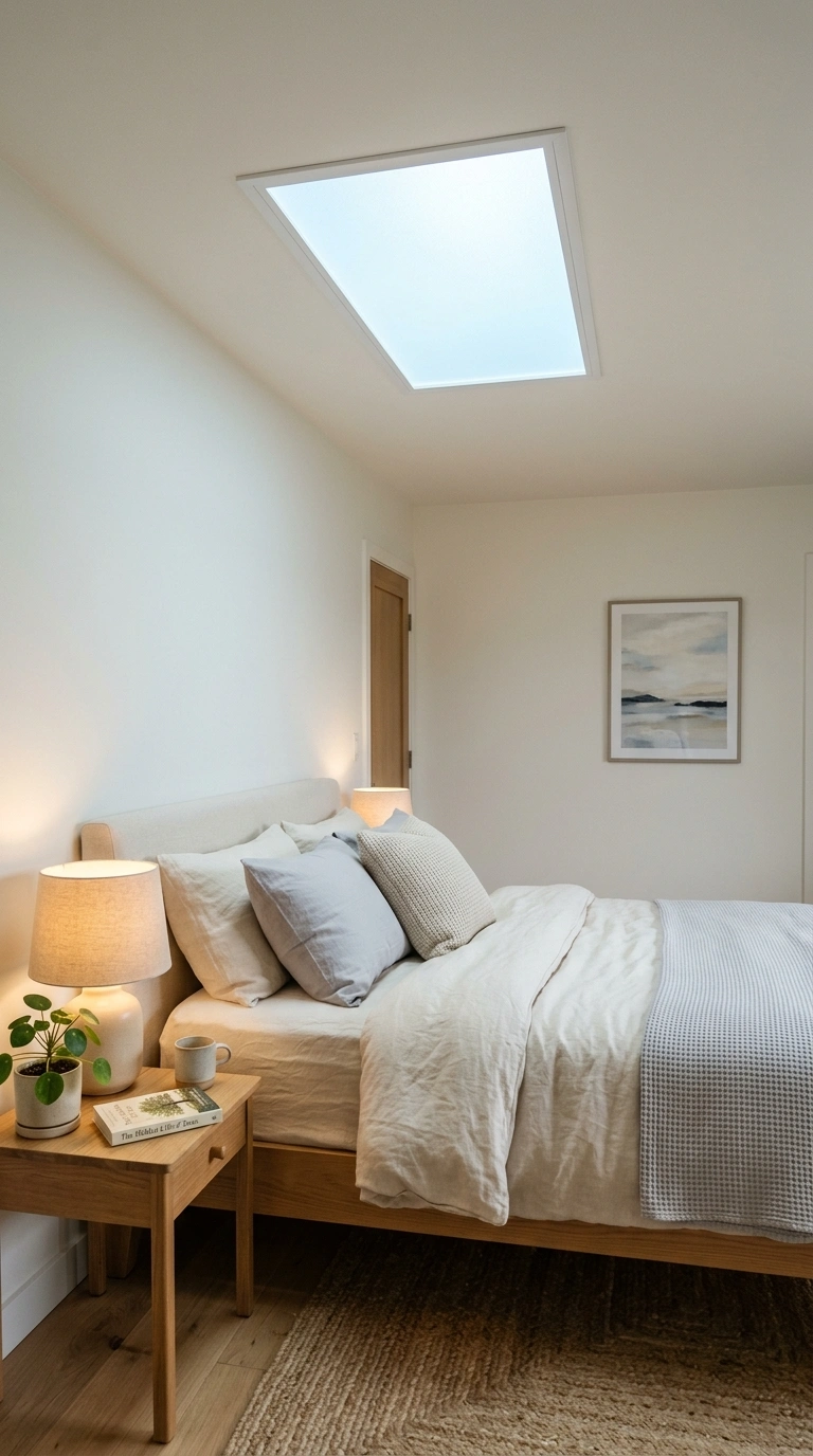 015 A windowless bedroom brightened by a slim faux sky