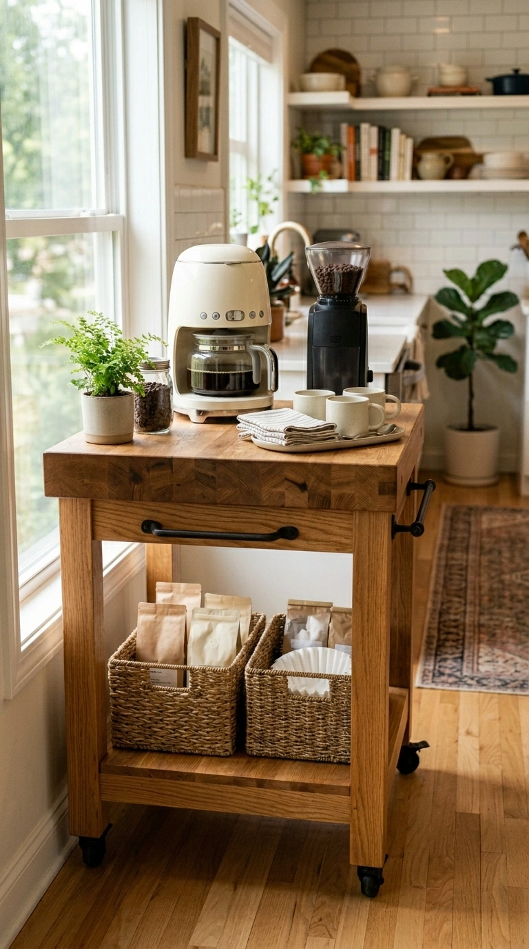 015 A wooden butcher block kitchen cart styled as a co