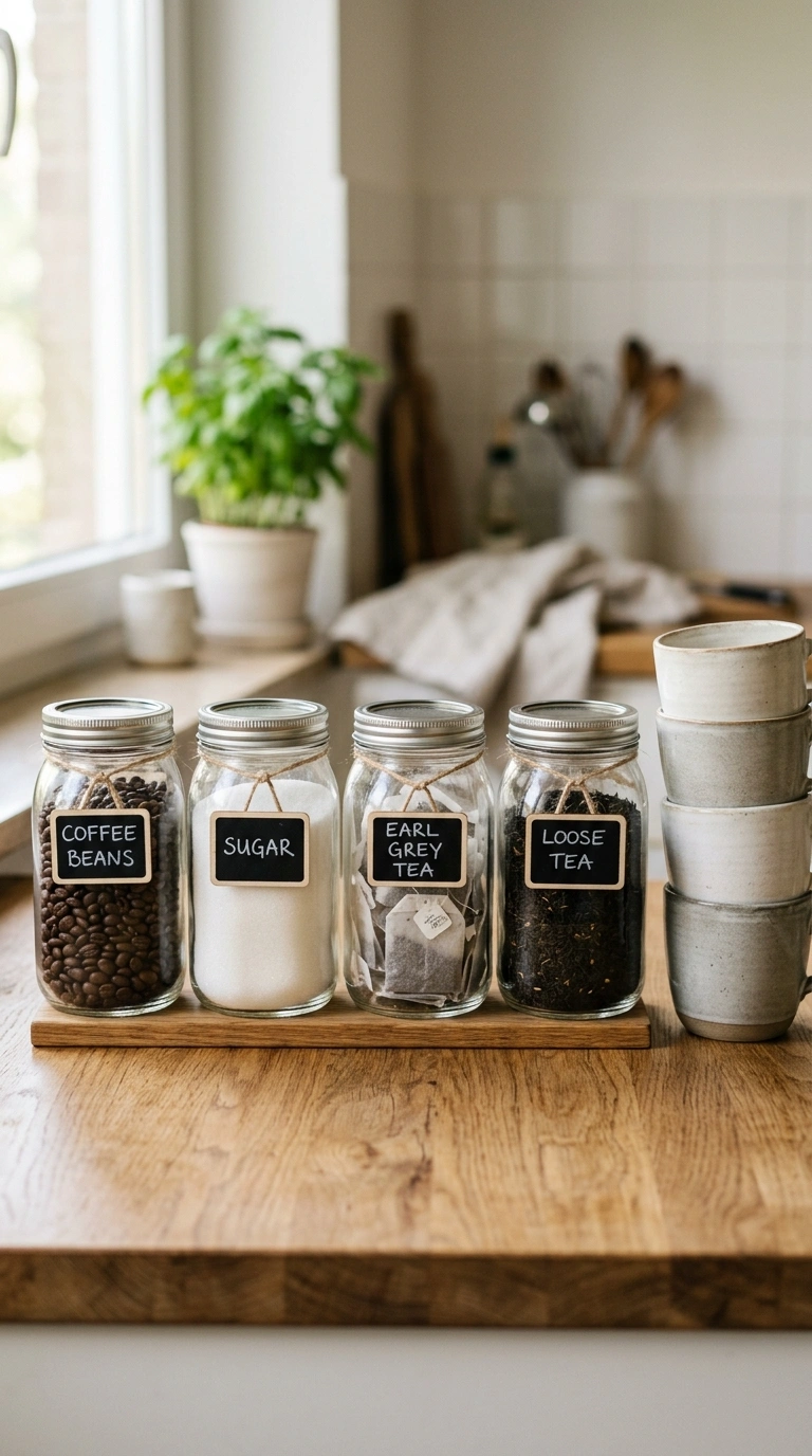015 Four matching glass jars filled with coffee beans