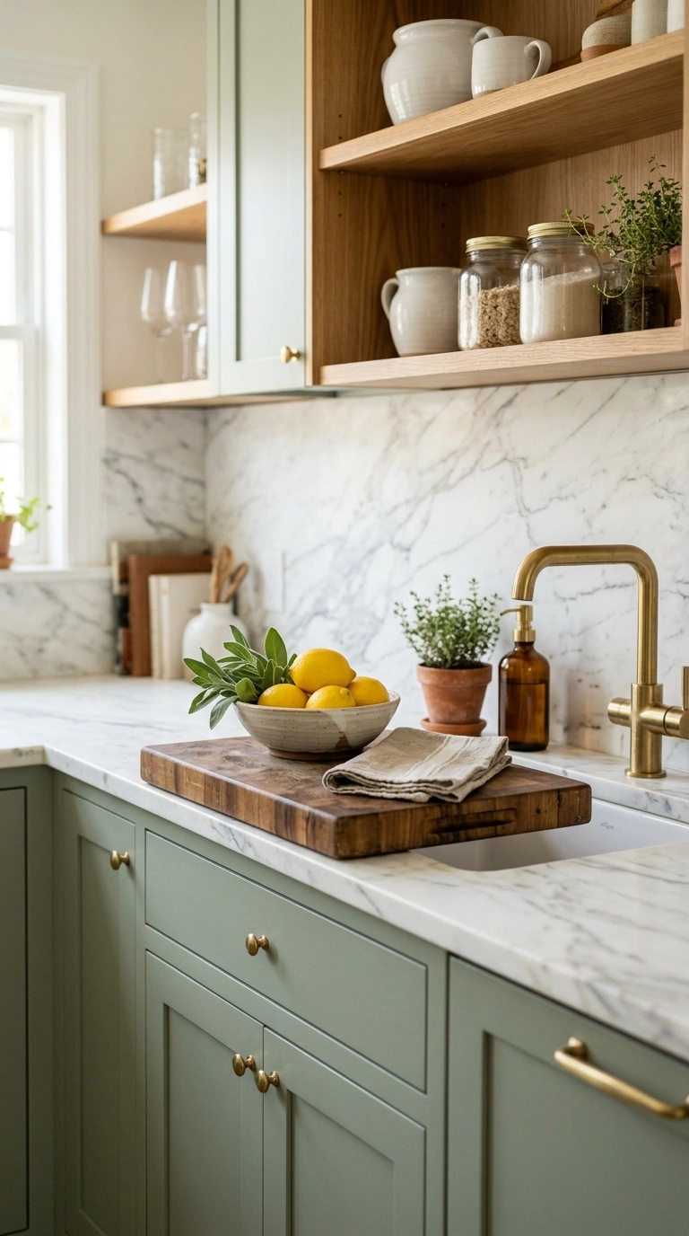 015 Soft sage green cabinets beneath a white marble co