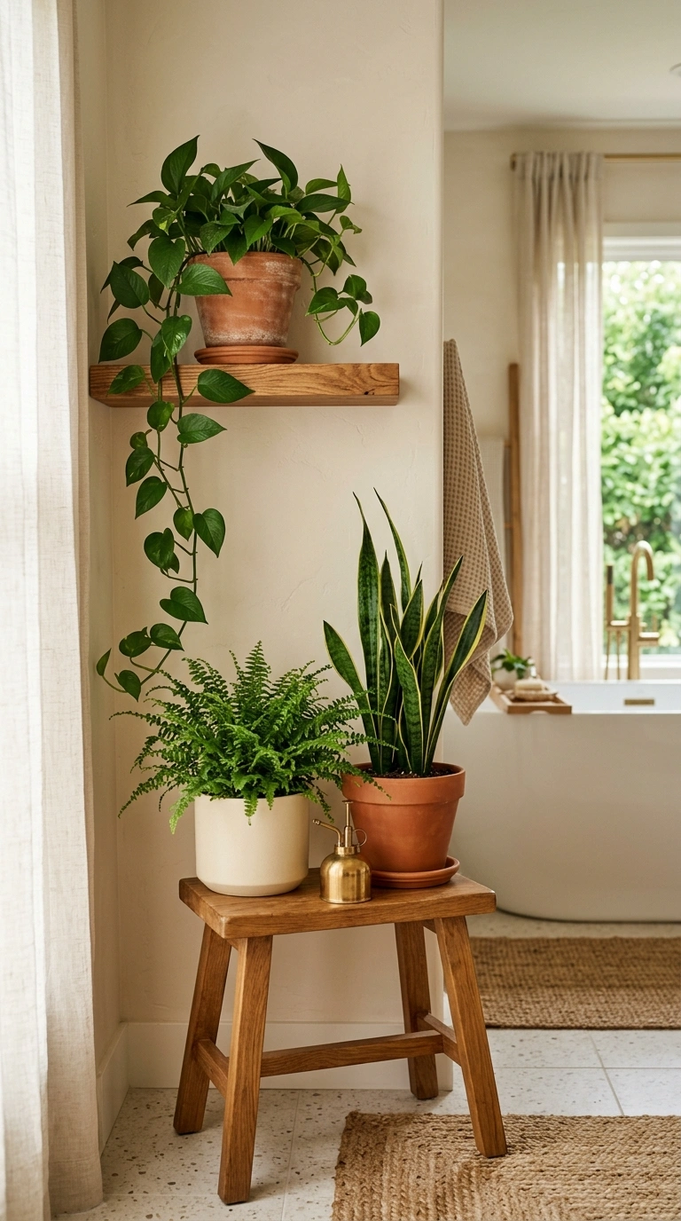 015 with a trailing pothos a leafy fern and a sculptur