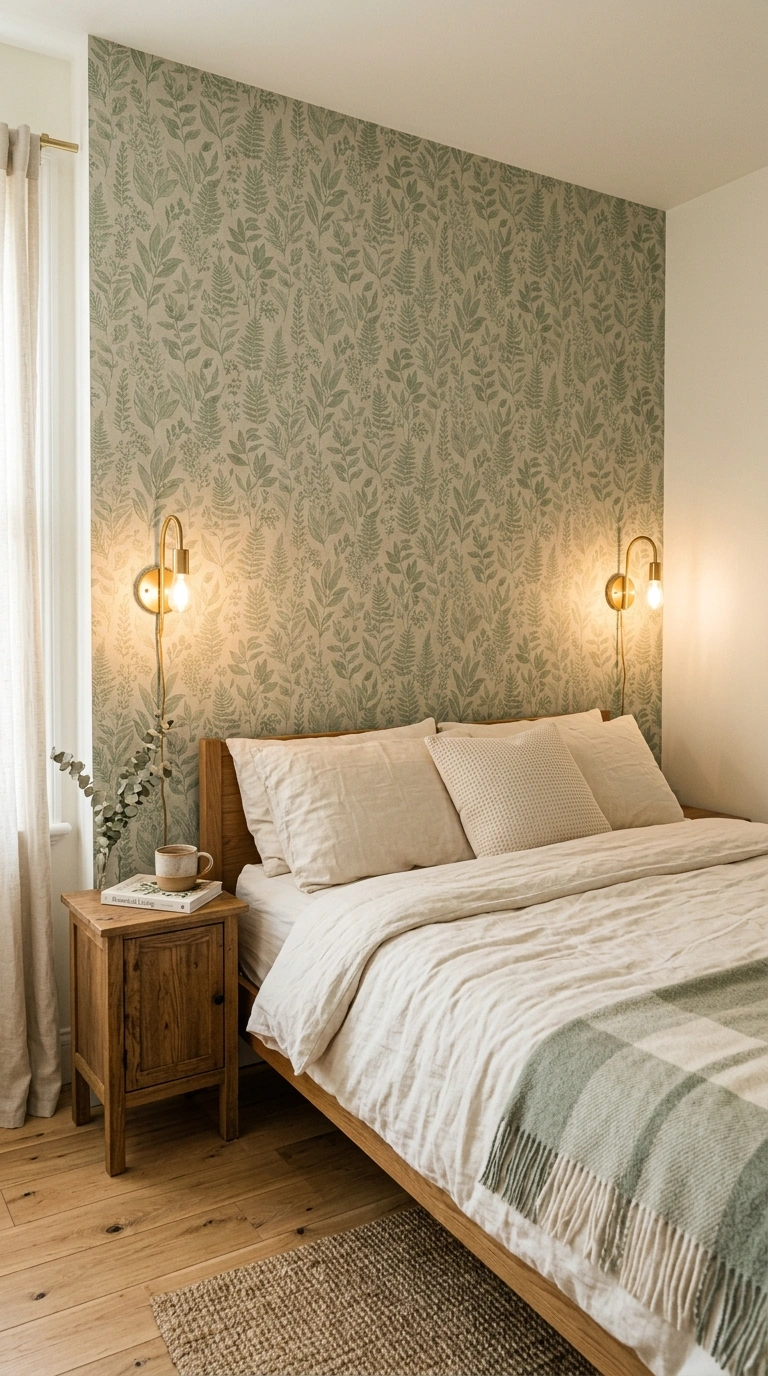 016 A bedroom with a single wallpapered headboard wall