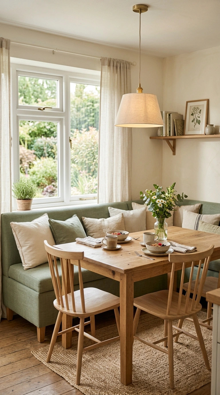 016 A cozy breakfast nook with a sage green upholstere