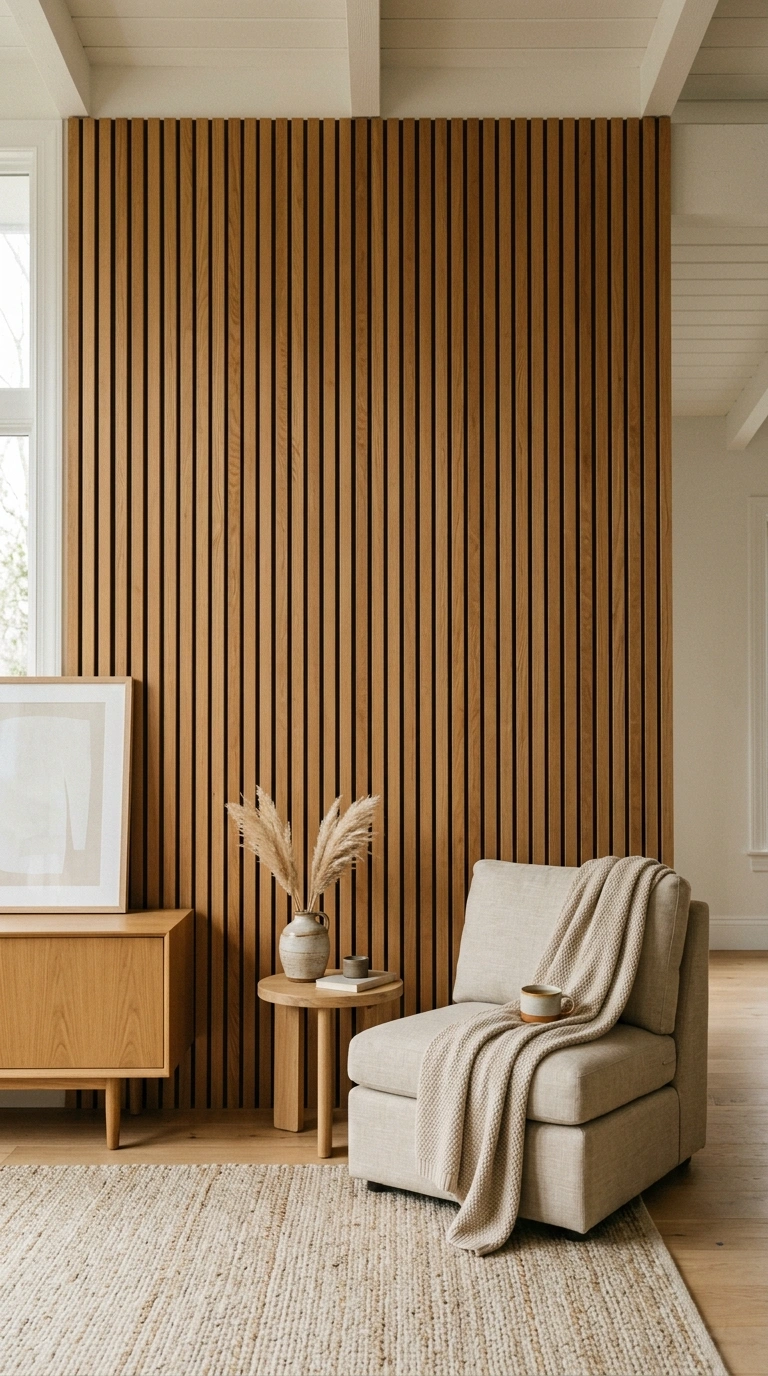016 A feature wall covered in vertical slatted warm oa