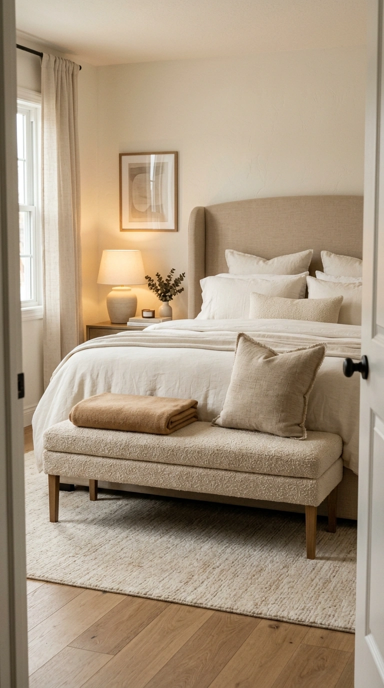 016 A finished bedroom with a slim backless bench in o