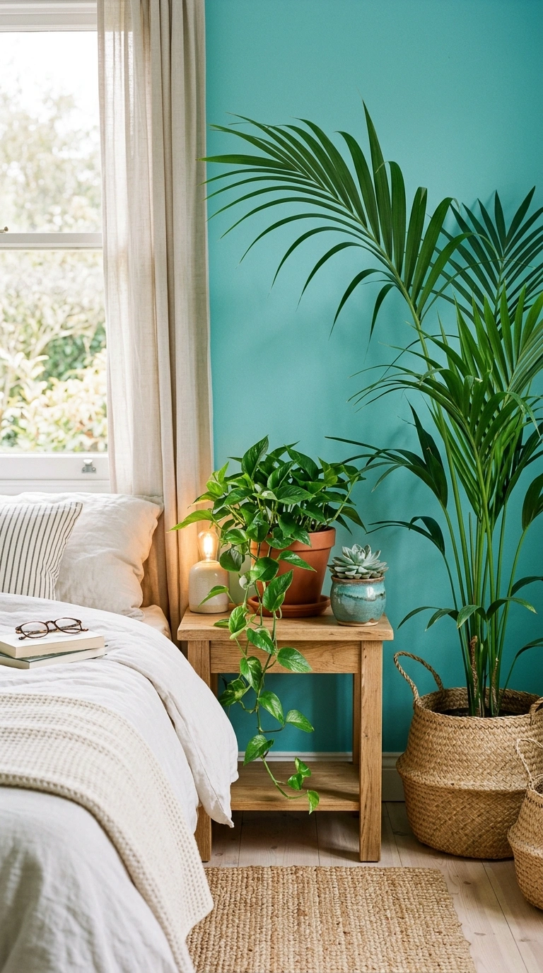 016 A fresh bedroom corner with a leafy green pothos o