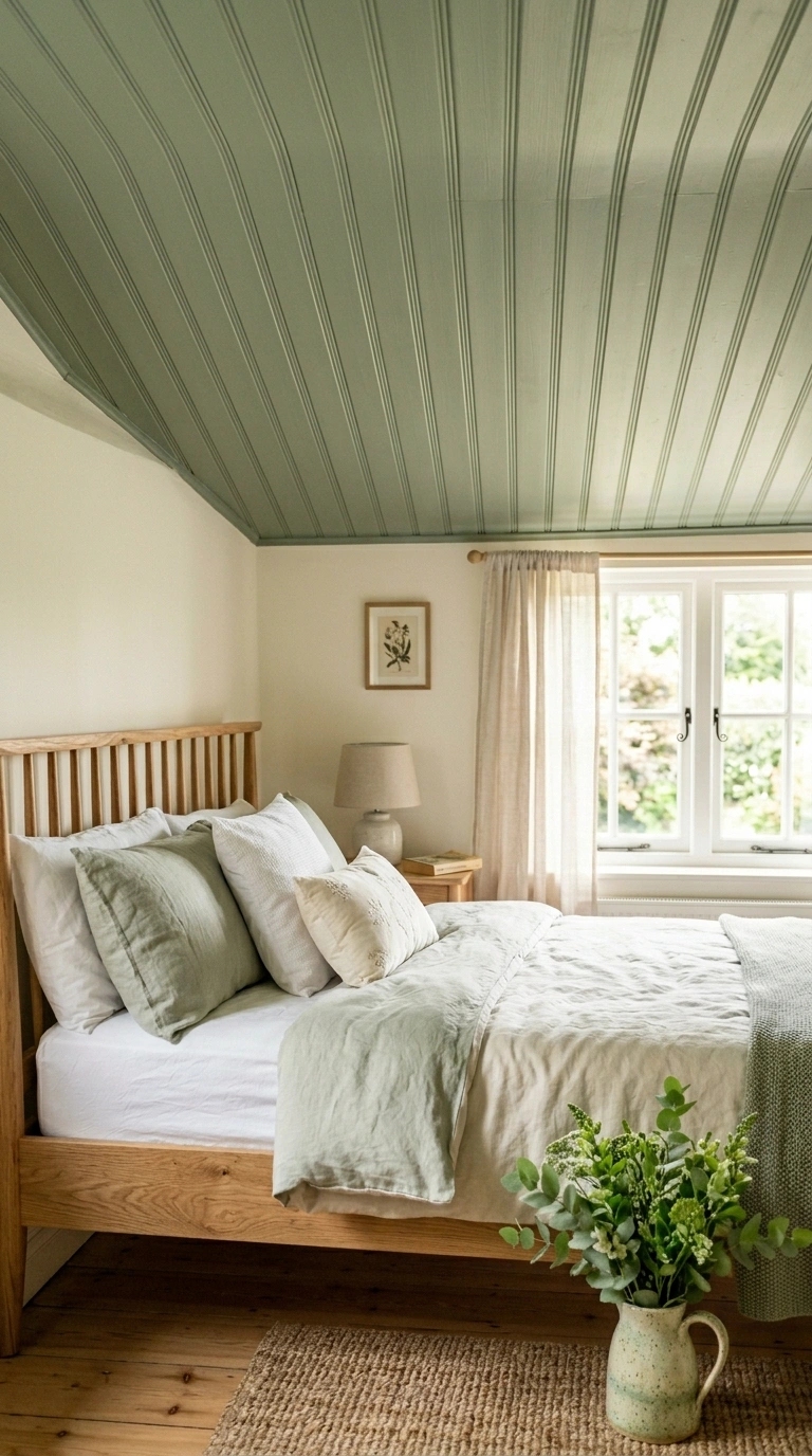 016 A fresh cottage bedroom with a soft sage beadboard