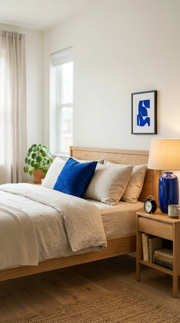 016 A neutral bedroom with warm white walls and a few