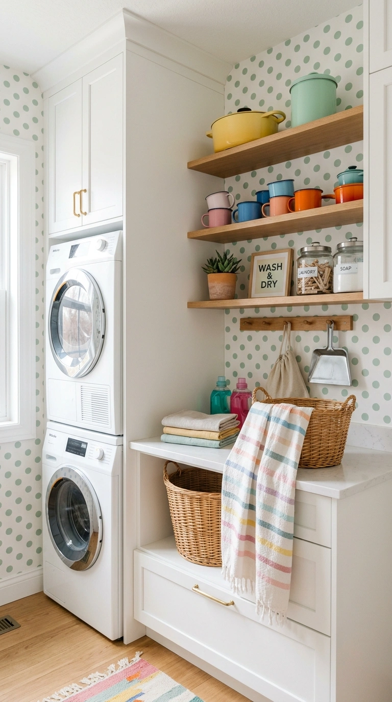016 A playful laundry room in pastel sage polka dot wa