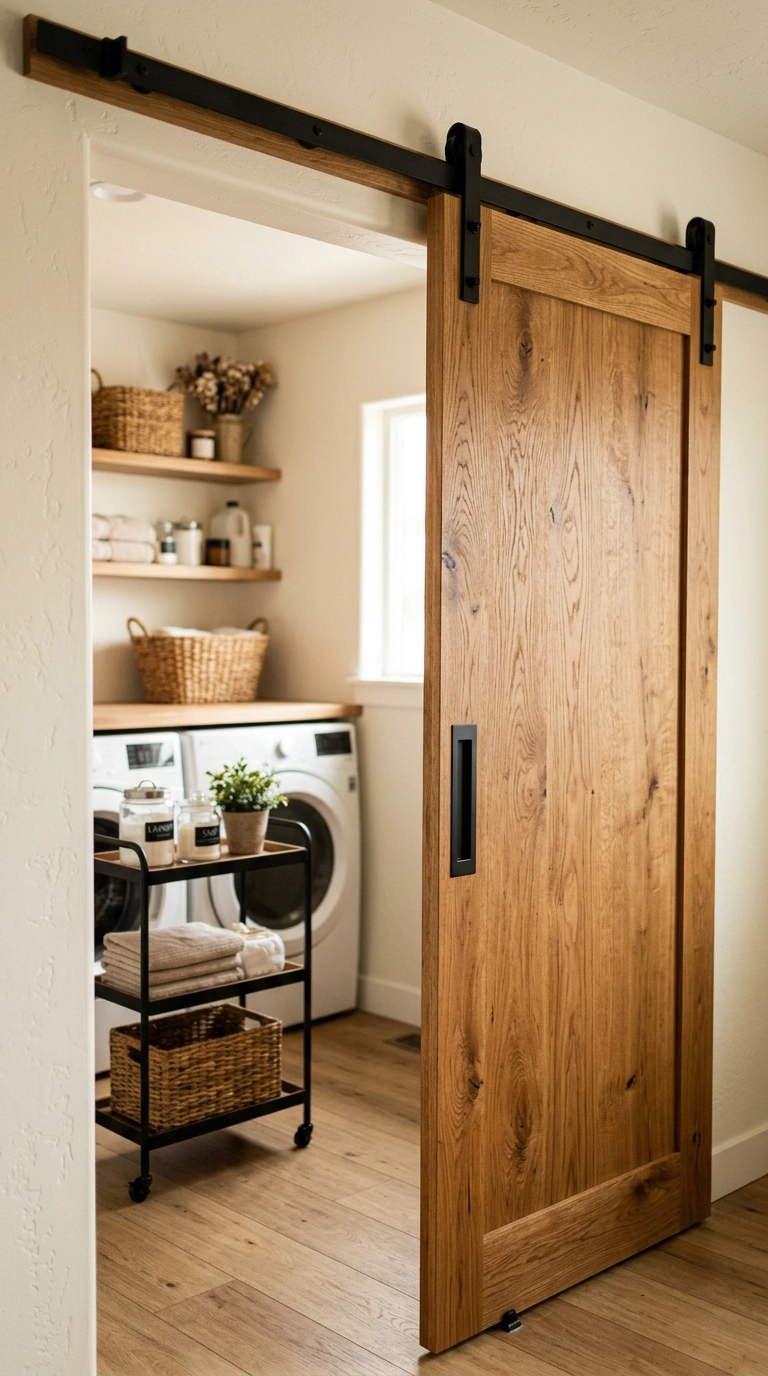 016 A sliding barn door with a warm oak slab and matte