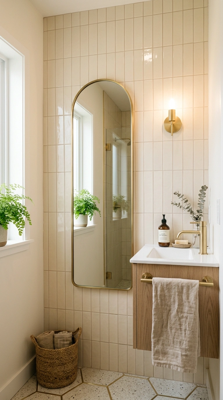 016 A small bathroom with vertical stacked warm ivory