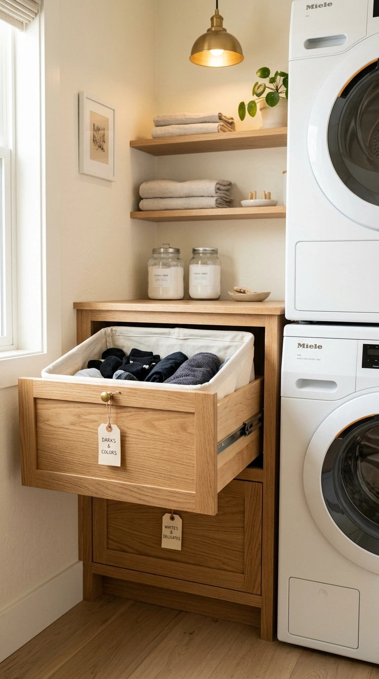 016 A small laundry room with two pull out hamper draw