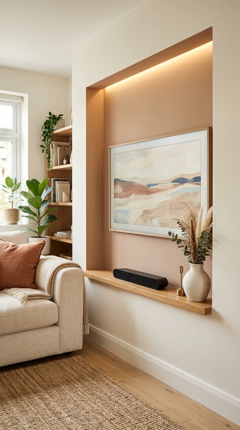 016 A small living room with a TV set flush inside a r